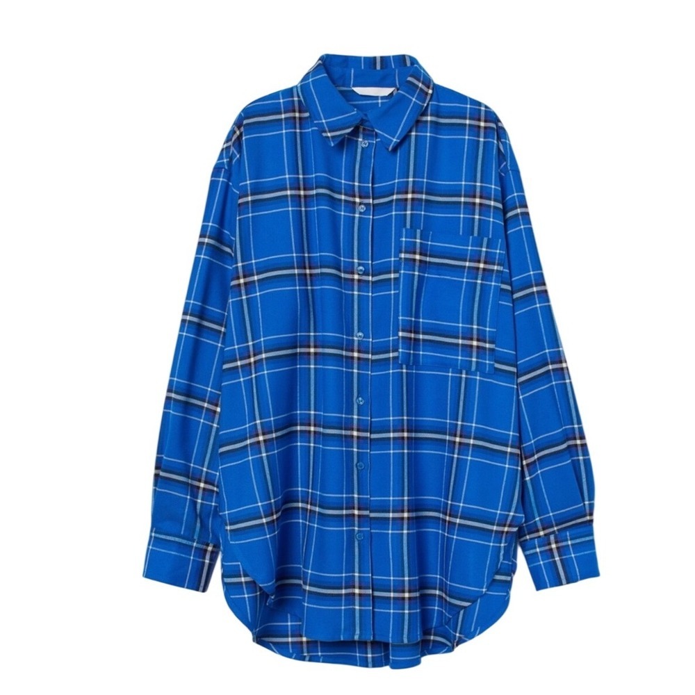 H&M Blue Plaid Flannel Shirt Oversized Button Down Shacket Womens Medium